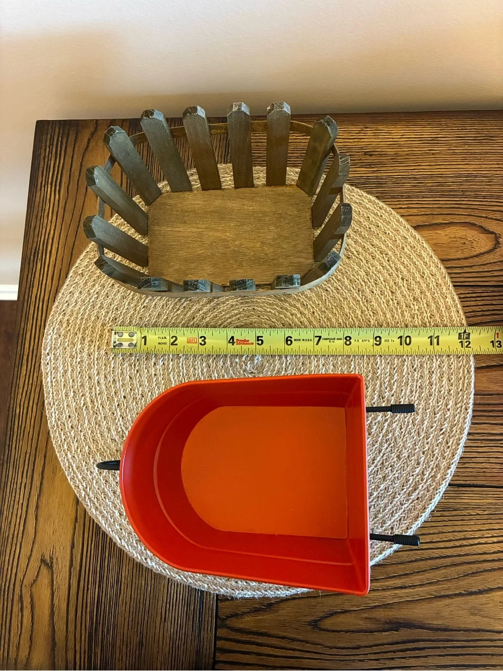 Decor Orange/Red Metal Wheelbarrow & Wooden Picket Fence Basket
